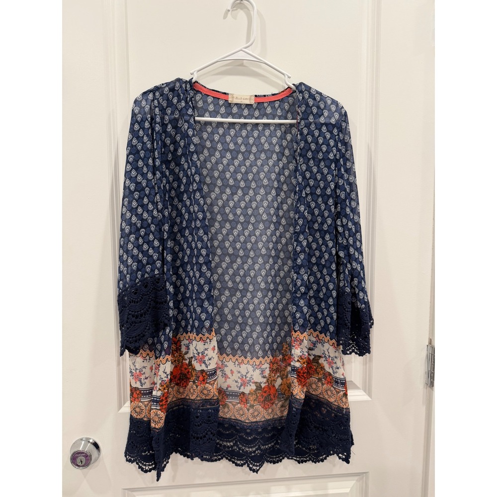 Altar'd State Navy Blue Boho Floral Lace Trim Open Front Kimono Cardigan Medium